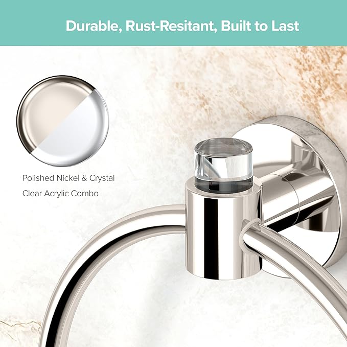 Gatco 5722 Clarion Towel Ring | Wall Mount Bathroom Hand Towel Holder, Modern Bathroom Accessory | Crystal-Clear Acrylic & Polished Nickel Finish