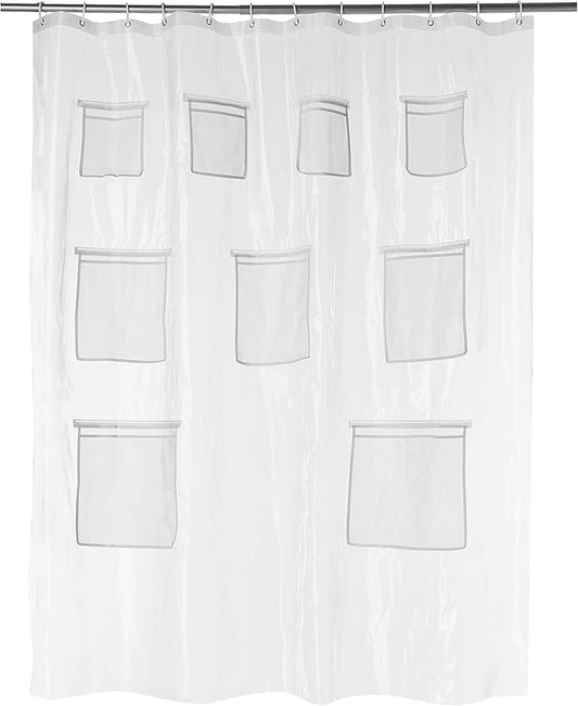 Amazon Basics 8-Gauge PEVA Shower Curtain or Liner with Mesh Storage Pockets - 72" x 72",Clear,(Pack of 10)