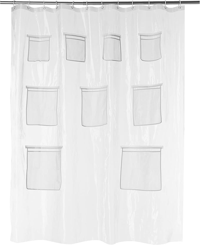 Amazon Basics 8-Gauge PEVA Shower Curtain or Liner with Mesh Storage Pockets - 72" x 72", Clear