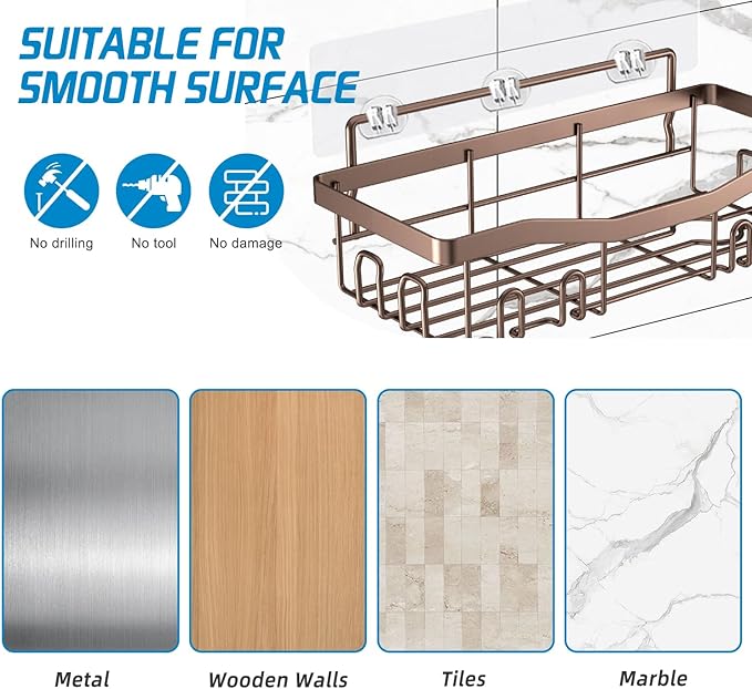 Youvip Adhesive Shower Caddy, No Drilling Bath Organizers 5 Pack, Rustproof Shelves with Soap Holder & Toothbrush Holder, Bathroom Organizers and Storage, Bronze