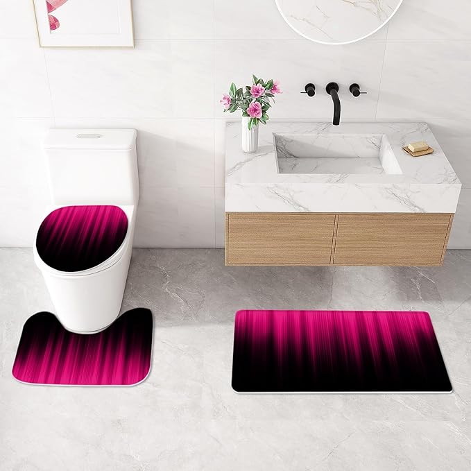 Litabel 4 Pcs Hot Pink and Black Gradient Shower Curtain Set with Rugs and Toilet Lid Cover, Modern Simple Waterproof Fabric Bathroom Set, Ombre Stripe Gothic Abstract Bathroom Decor Set Accessories
