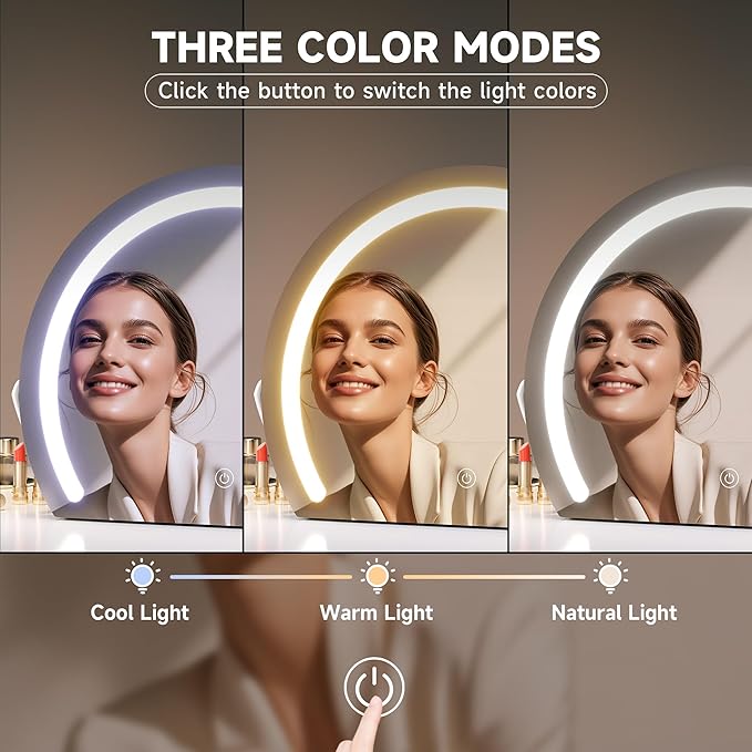 Hasipu Vanity Mirror with Lights, 13.8" x 10.7" LED Makeup Mirror, Lighted Makeup Mirror with Lights, Smart Touch Control 3 Colors Dimmable Mirror, White
