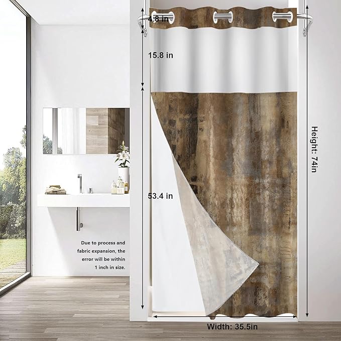 Shrahala Brown Abstract Art No Hooks Shower Curtain with Snap in Liner Set, Grey Acrylic Bathroom Décor Polyester Fiber Waterproof for Stall Bathtubs 35.5 X 74 in