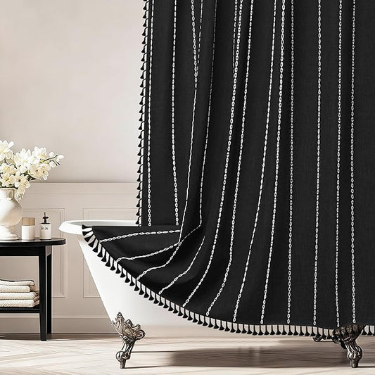 Country Farmhouse Shower Curtain Heavyweight with Tassels, Soft Linen Textured Thick Fabric Shower Curtain Black White Striped, 72 x 72 Inch Vintage Boho Bathroom Shower Curtain Water Repellent