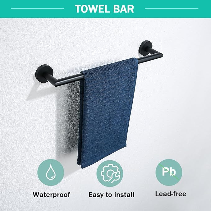 Matte Black 4 Pieces Bathroom Hardware Accessories Set with 18 Inch Towel Bar,Toilet Paper Holder,Towel Hooks,SUS 304 Stainless Steel Wall Mounted Bathroom Towel Bar Set,SE96018S-4MB
