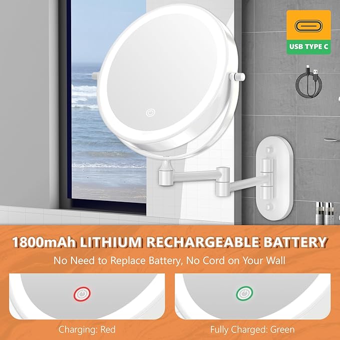 Auxmir 8'' Wall Mounted Lighted Makeup Mirror, 3200mAh Rechargeable Double-Sided 1X/20X Magnifying Mirror with Light, Touch Dimmable 3 Color Light, 360° Rotation Foldable Extended Arm, White