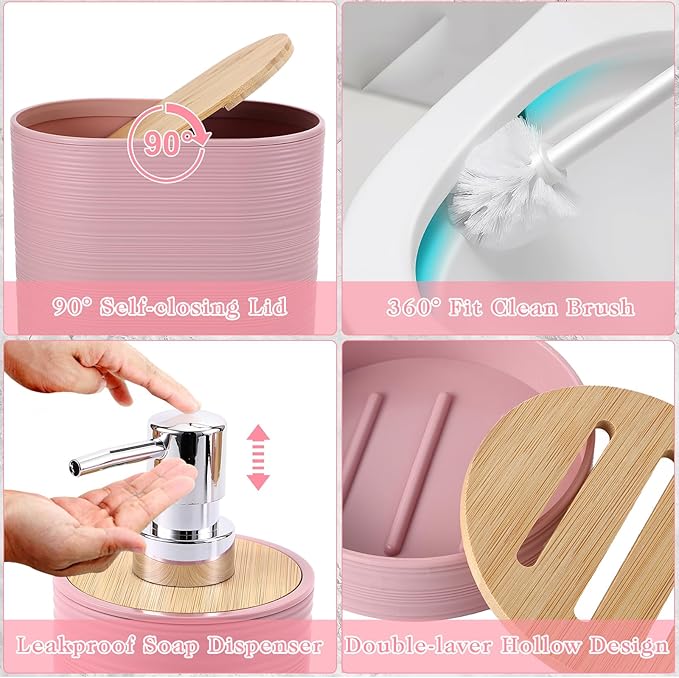 XLHOMO Pink Bathroom Set, Pink Bathroom Accessories Set with Trash Can, 2PCS Soap Dispensers, Soap Dish, Toothbrush Holder, Toothbrush Cup,Toilet Brush, Tray and Qtip Holders for Bathroom Decor