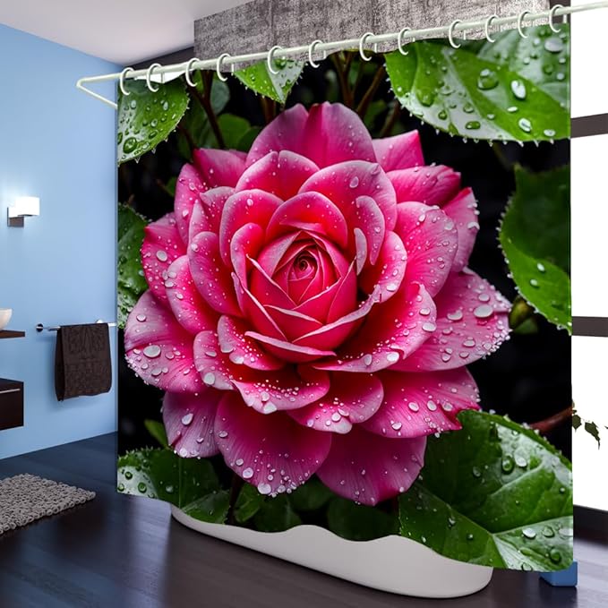 Bright Fabric Shower Curtains, Pink Flower Theme Design Art Shower Curtains, Bathroom Decor Set, 12 Shower Curtain Hooks (72 "Wx72 L) Inch Waterproof Shower Curtain.