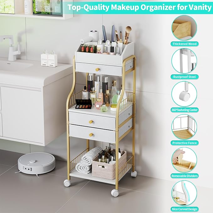 HapiRm Floor Makeup Organizer Storage - Vanity Skincare Make Up Organizers and Storage with Drawers, Cosmetics Display Cases Holder for Skin Care Nail Polish Perfume Makeup Brush, Gold