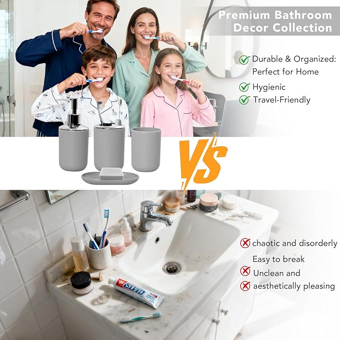 Matte Gray Bathroom Accessories Set, 4 Piece Plastic Bathroom Toothbrush Holder Set, Include Soap Dispenser, Toothbrush Holder, Rinse Cup, Soap Dish, Boho Grey Bathroom Decor for Home, Bathroom Set