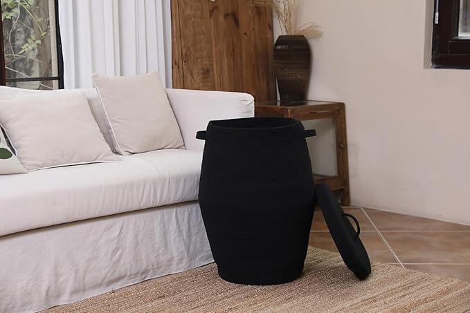 26"x20" Handcrafted Tall Cotton Rope Basket with Lid, Stylish Flagon Shape with Cover, Clothes Hamper with Top, for Bedroom and Living Room, All Black