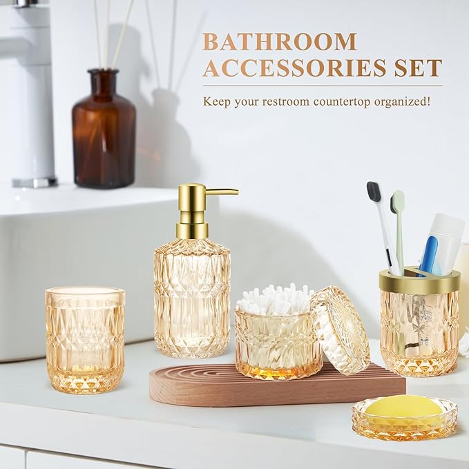 Bathroom Accessories Set, 5Pcs Gold Glass Bathroom Accessories Set with Gold Soap Dispenser, Soap Dish, Toothbrush Holder, Tumbler, Cotton Swab Jars