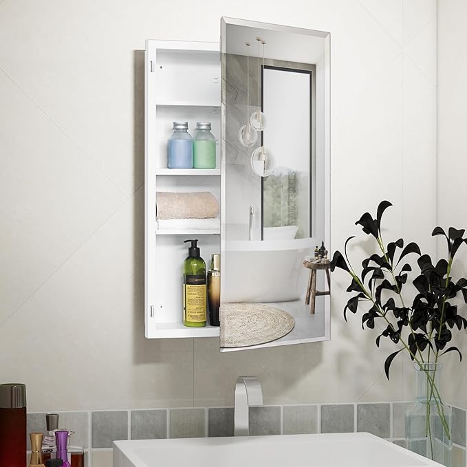 Fundin White Medicine Cabinet Recessed or Surface Mount, Bathroom Medicine Cabinet with 18 x 30 Beveled Mirror and Adjustable Staggered Shelves, Wall Mount