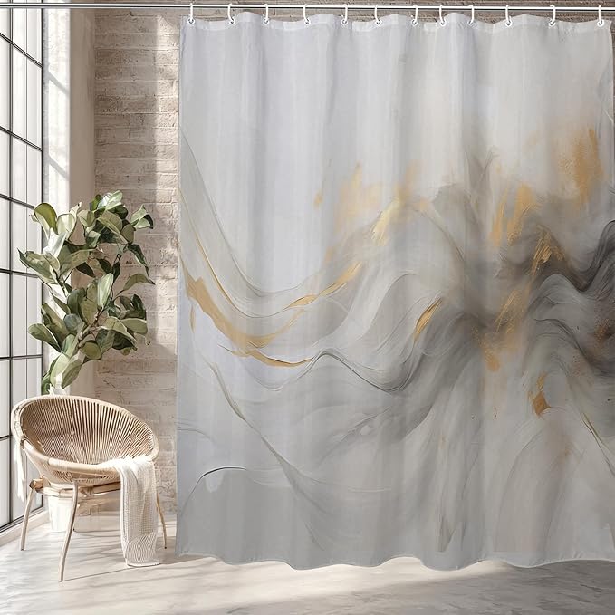 Grey Marble Shower Curtain Abstract Wave Smokey,White Gold Dreamy Romantic Fabric Shower Curtains for Bathroom Decor 72x72 Inch
