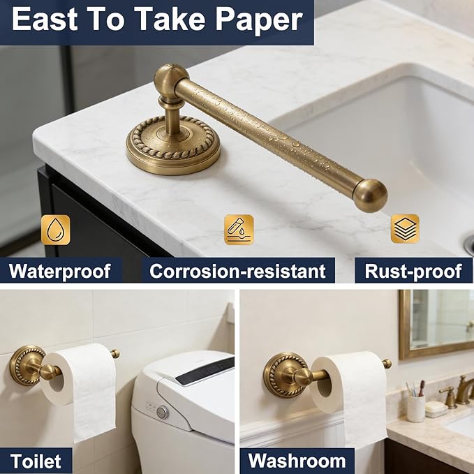 4-Pieces Antique Brass Gold Bathroom Accessories Set, Adjustable Towel Bar Fits 13.2”-24.6” Centers, Oval Towel Ring, Robe Hook, Toilet Paper Holder, Towel Racks for Bathroom Wall Mounted Hardware Set