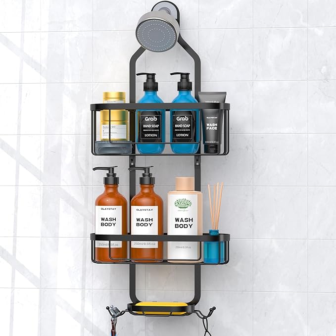 Kadolina Shower Caddy Hanging, Bathroom Shower Rack, Bathroom Organizer with Soap Dish, Over The Showerhead Caddy with Hooks for Razor/Sponge, Black [Patented]