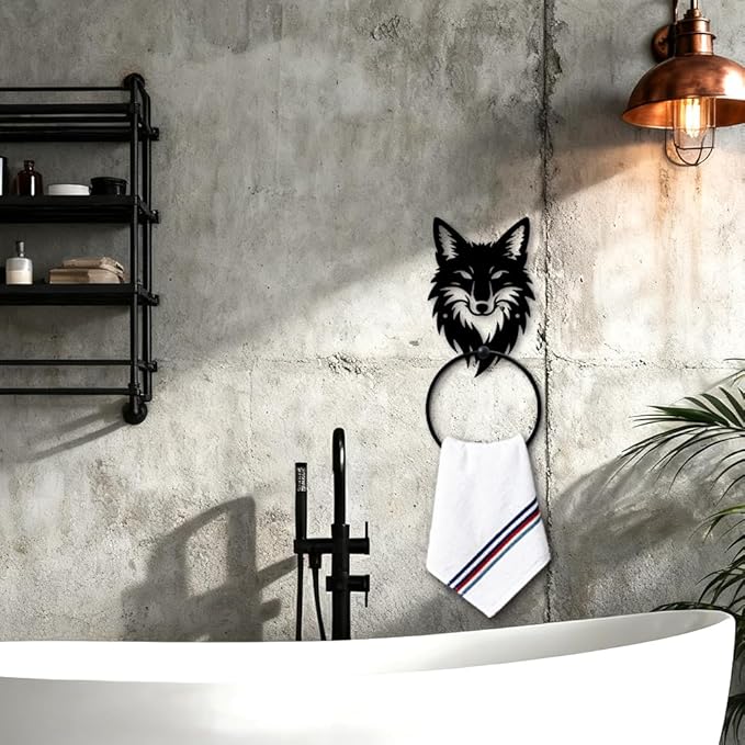 MAYJOYDIY Fox Head Metal Towel Ring Round Animal Hand Towel Holder Ring Hanger Wall Mount Black Vintage Towels Wall Organizer for Kitchen Bath Home Laundry Room Decors Gifts