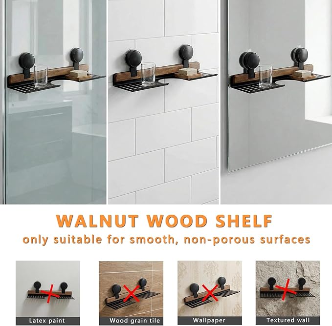 Over Sink Shelf with Walnut, 15.7" Tool-Free Organizer, Strong Suction Cup Rack with Easy Drainage for Kitchen & Bathroom