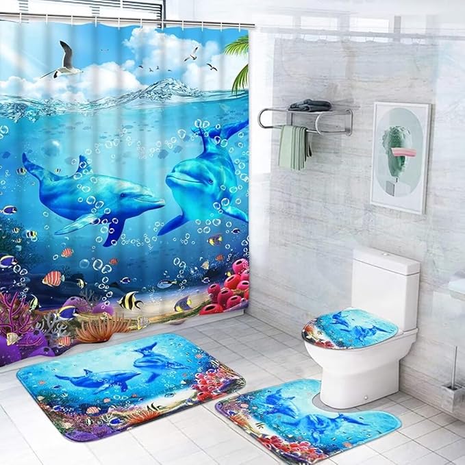 Yizheer 4Pcs Blue Ocean Dolphin Shower Curtain Sets with Rugs, Toilet Lid Cover and Bath Mat, Bathroom Shower Curtains Bathroom Decor Set