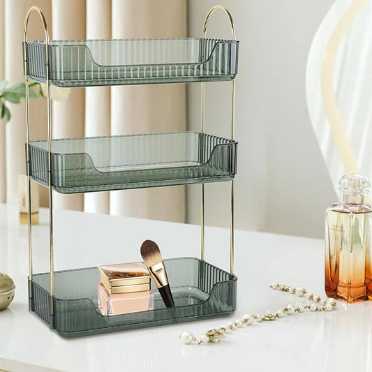 3-Tier Vintage Makeup Organizer Countertop for Vanity, Detachable Makeup Holder, Exquisite Ribbed Bathroom Counter Storage, Stackable Cosmetic Jewelry Perfume Skincare Green Shelf, Easy to Clean