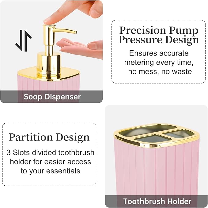 2PCS Bathroom Accessories Set, Pink Bathroom Accessories Include Soap Dispenser and Toothbrush Holder for Boho Bathroom Decor
