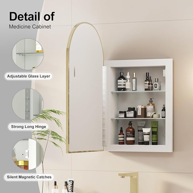 Recessed Medicine Cabinet Mirror,Brushed Gold Arched Medicine Cabinet with Mirror for Bathroom,Metal Edge Mirrored Medicine Cabinets,in Wall Arch Mirrored Cabinets with Storage 16x26 in