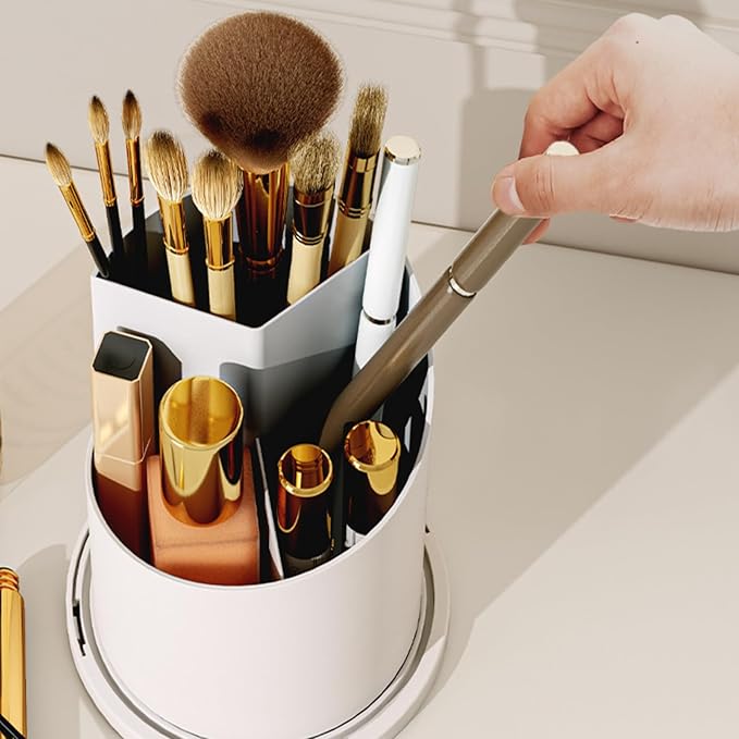 Makeup Brush Holder Organizer with Cover - 360?? Rotating Clear Dustproof Cosmetic & Skincare Storage for Vanity, Desktop, Bathroom Countertop (White)