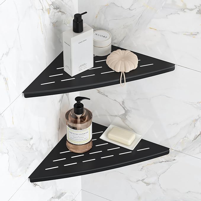 Qeke Corner Shower Shelf Matte Black, 304 Stainless Steel 11.5” Recessed Corner Shelf Bathroom for Tiled Wall, Floating Shower Shelves Shampoo Holder, No Drilling, 2 Pack