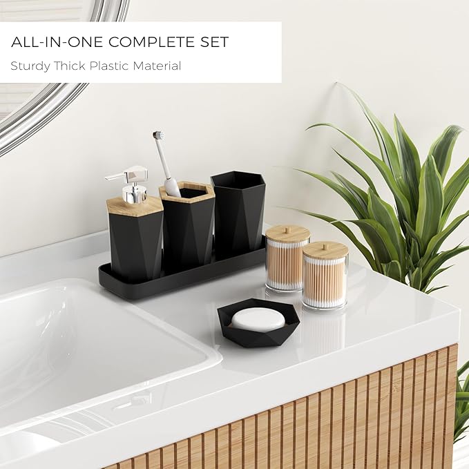 Black Bathroom Accessories Set, Unbreakable Bathroom Set, Trash Can, Toilet Brush with Holder, Soap Dispenser, Toothbrush and Toothpaste Holder, Tumbler, Soap Dish, Qtip Holders, Tray, Bamboo Decor
