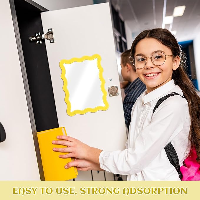Leinuosen 1 Pcs Scalloped Magnetic Locker Mirror Small Real Glass Makeup Mirror with Magnetic Backing Cute Locker Decorations for Office Cabinet Lockers Accessories (5 x 7 Inch,Yellow)