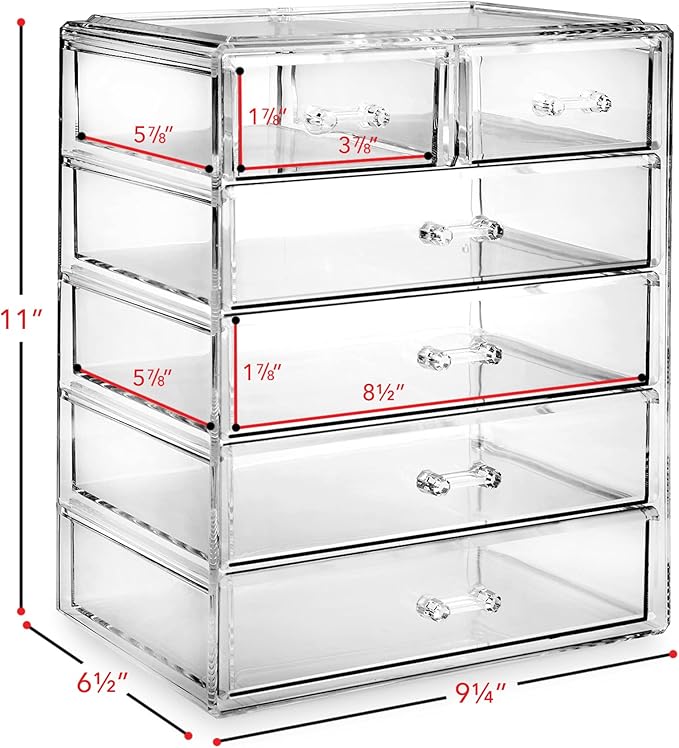 Casafield Acrylic Cosmetic Makeup Organizer & Jewelry Storage Display Case - 4 Large, 2 Small Drawer Set - Clear