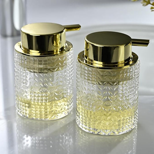 CICUFY Foaming Glass Soap Dispenser,Hand Foam Soap Dispenser for Kitchen & Bathroom-2 Pack（B-Type Clear Glass/Gold Pump）