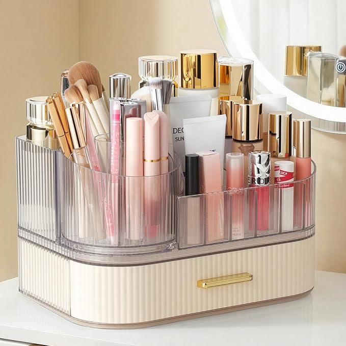 Delamu Makeup Organizer for Vanity with Stackable Drawers, 360 Rotating Makeup Brush Holder Large Cosmetic Display Case, Bathroom Skincare Storage, Elegant White, Ideal Gifts for Girls