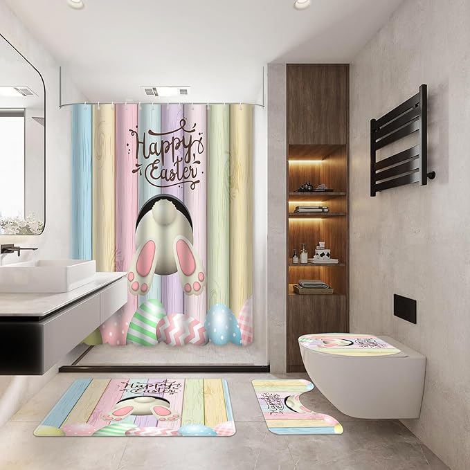 MEHOFOND 4pcs Easter Shower Curtain Sets with Non-Slip Rugs Toilet Lid Cover and Bath Mat Bunny Easter Bathroom Curtain Decor Set with 12 Hooks Waterproof Shower Curtain Set for Bathroom