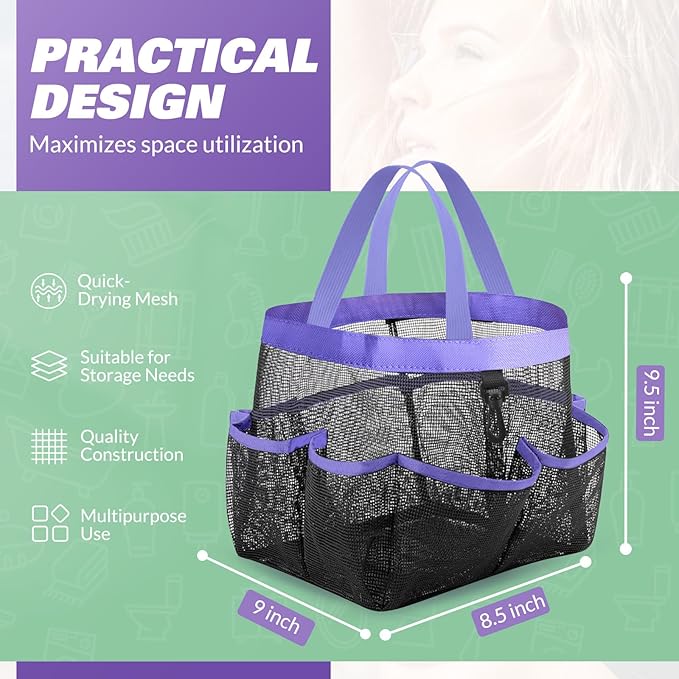 LOYEE Mesh Shower Caddy Portable for College Dorm Room Essentials with 8 Pockets, Shower Bag for Beach, Swimming, Gym, Travel, Bathroom(Purple)