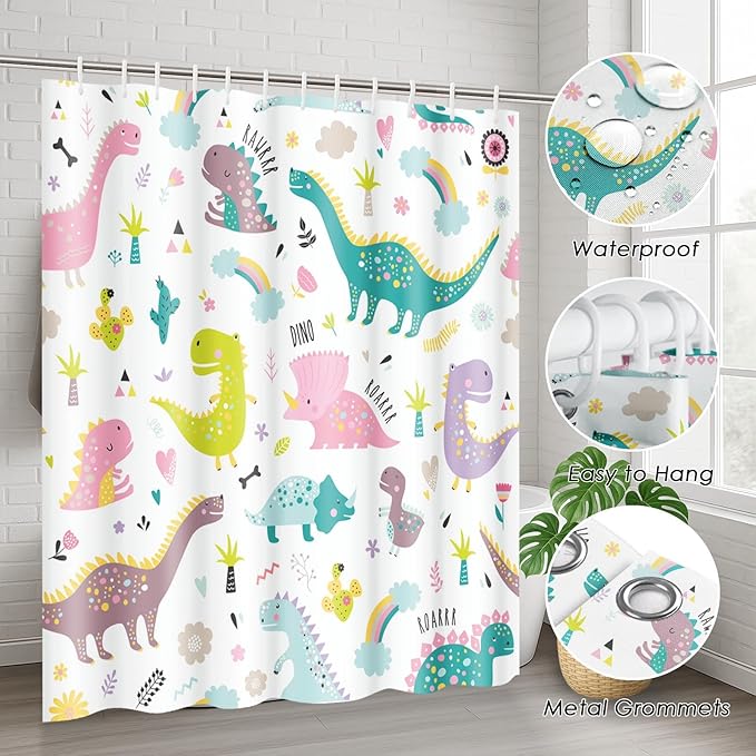 Arttown Dragon Dinosaurs Bathroom Set with Shower Curtain and Rugs and Accessories, Colorful Rainbow Pink, Cute Funny Kids Shower Curtains for Bathroom Decor 4 Pcs