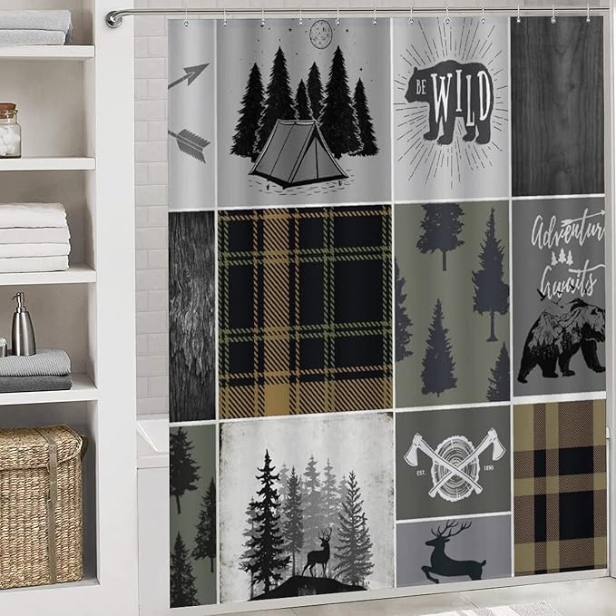 Rustic Cabin Bear Deer Shower Curtain Sets with Rugs 4 Piece Accessories Bathroom Curtains Shower Set Include Shower Curtain Non-Slip Rug Toilet Lid Cover Bath Mat One Size