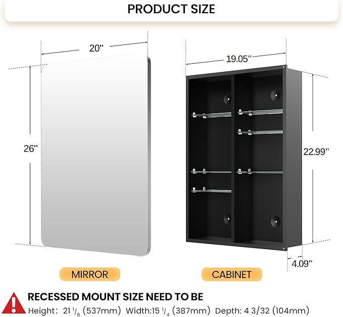 Silver Medicine Cabinet with Mirror 20x26 Inch, Anodized Aluminum Bathroom Cabinet, Rust Proof Recessed Wall Organizer, 6 Adjustable Glass Shelves, Soft Close, Modern Vanity Mirror