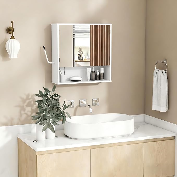 Bathroom Wall Cabinet With Mirror,wall mounted bathroom cabinet,Medicine Cabinet with 2 Door ,Side Hook,Light and Adjustable Shelves,White Cabinet with Wood Grain,Over The Toilet Space Saver Cabinet.