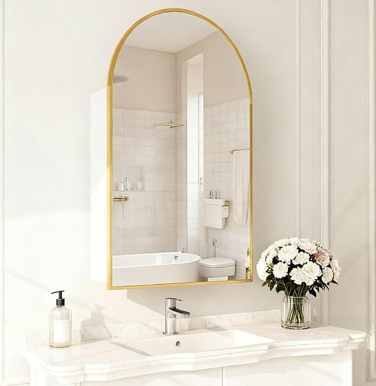 Arched Gold Medicine Cabinet with Mirror, 20x32 Inch Surface Mount Bathroom Storage Cabinet, Wall Mounted Mirror Cabinet with Adjustable Glass Shelf, Left or Right Door Opening, Brushed Gold Finish