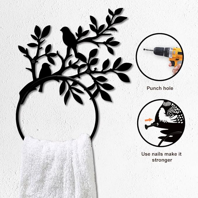 MAYJOYDIY Branch Bird Metal Towel Ring Tree Animal Towel Holder for Wall Leafy Plants Towel Ring Black Plant Towel Rack Wall Mounted for Bathroom Kitchen Towel Hanger Home Decors Gift