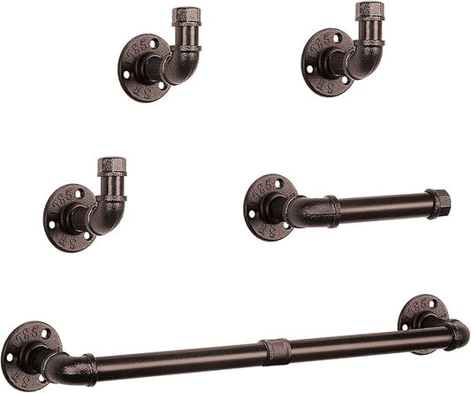 NearMoon 5-Pieces Industrial Pipe Bathroom Hardware Set, Include 18 Inch Towel Bar, Toilet Paper Holder and 3 Robe Hooks, Heavy Duty DIY Style Wall Mounted Rustic Decor Accessories Kit (Bronze)