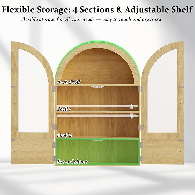 BREEZEHEAT Arched Medicine Cabinet with Extra Storage, Glass Doors, Adjustable Shelf -Wall Mounted Over Toilet Cabinet for Bathroom, Kitchen, Laundry Room, Natural Oak Wood Grain, 23.6x33.5 Inch