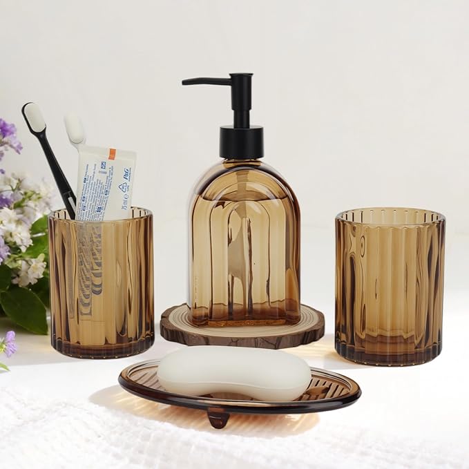 4Pcs Glass Bathroom Accessories Set,Amber Bathroom Accessory Set,Bathroom Counter Sink Toothbrush Holder Set Includes Hand/Lotion Soap Dispenser & Tumbler & Soap Dish