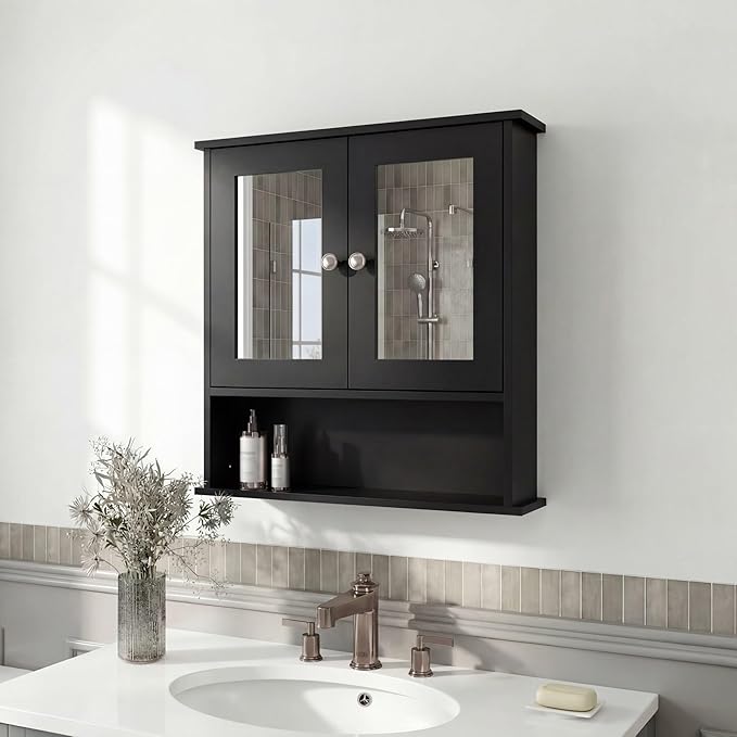 Panana Wall Mounted Bathroom Cabinet Wall Cabinet with 2 Mirrored Doors and Open Compartment, Inner Adjustable Shelf, 22" x 5.1" x 22.8" (Black)