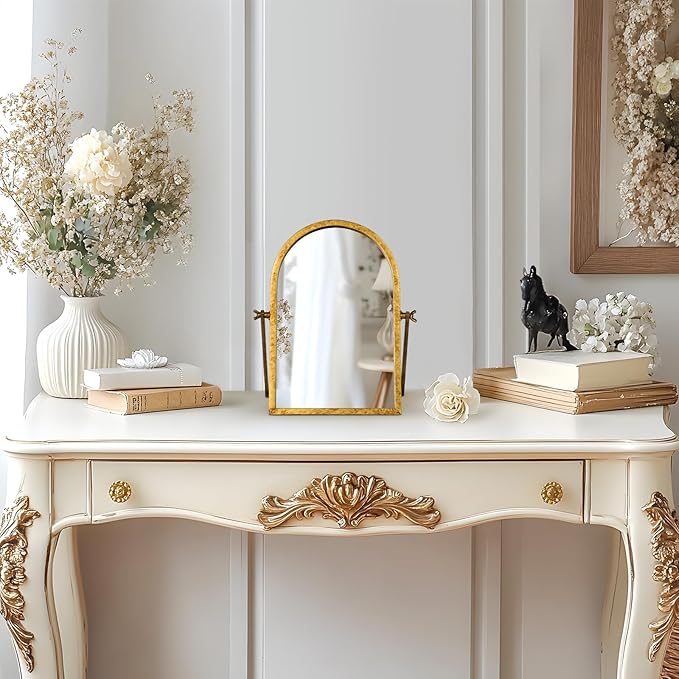 Vintage Makeup Desk Mirror, 11.8" L x 7.9" W Antique Gold Vanity Table Mirror, Metal Framed Arched Small Standing Mirrors, 360 Adjustable Rotation Mirrors for Tabletop, Bathroom