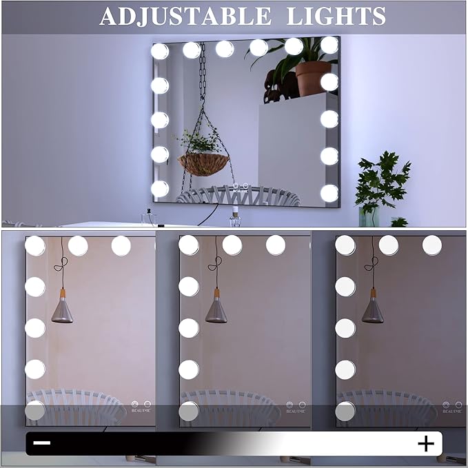 BEAUTME Vanity Mirror with Lights, Lighted Makeup Mirror with 14 Dimmer Bulbs, 2 Color Lighting Mode, Touch Control, Tabletop or Wall Mounted for Bedroom,Dressing Room,Black 23.6" X 20"