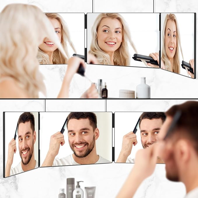 OLIBUY 3 Way Mirror with LED for Hair Cutting, Tri-fold Mirror for Shaver and Makeup, Adjustable Telescoping Hooks-with LED Version