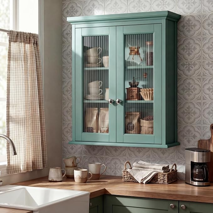 Wall Mounted Bathroom Cabinet with Fluted Glass Doors, Medicine Cabinet with Soft-Close Hinges, Space Saving Wall Organizer for Bathroom Above Toilet Storage (Halcyon Green)