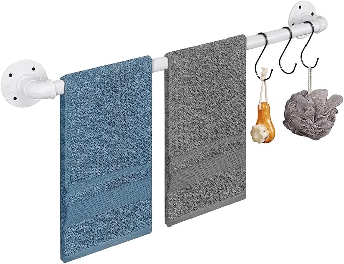Industrial Pipe Towel Rack Towel Bar, Heavy Duty Wall Mounted Rustic Farmhouse Bath Towel Holder for Bathroom (White, 24 inch)